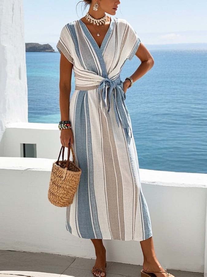Elara | Coastal Stripe Wrap Dress