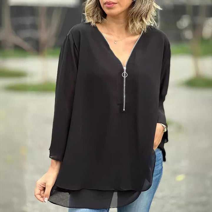 Isabelle | Flowing Zip-Front V-Neck Blouse