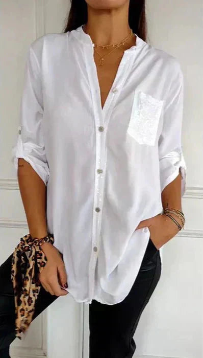 Hannah | Sequin Trim Button-Up Top