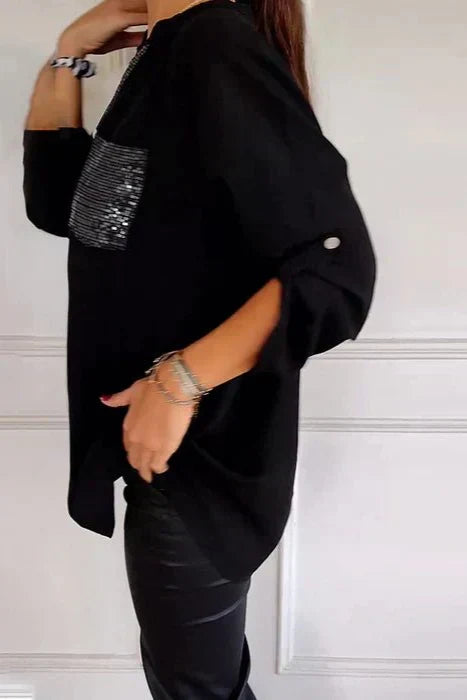 Hannah | Sequin Trim Button-Up Top